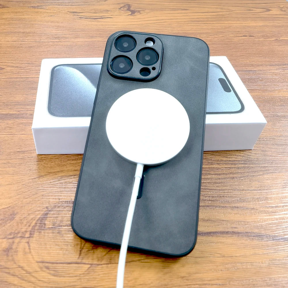 Coque pour IPhone en cuir avec chargement sans fil